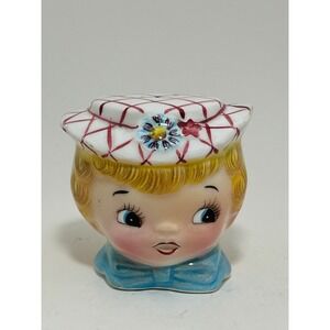 Vintage Lefton miss dainty Ceramic Shaker Blonde Hat Polka Dot Dress Mid Century